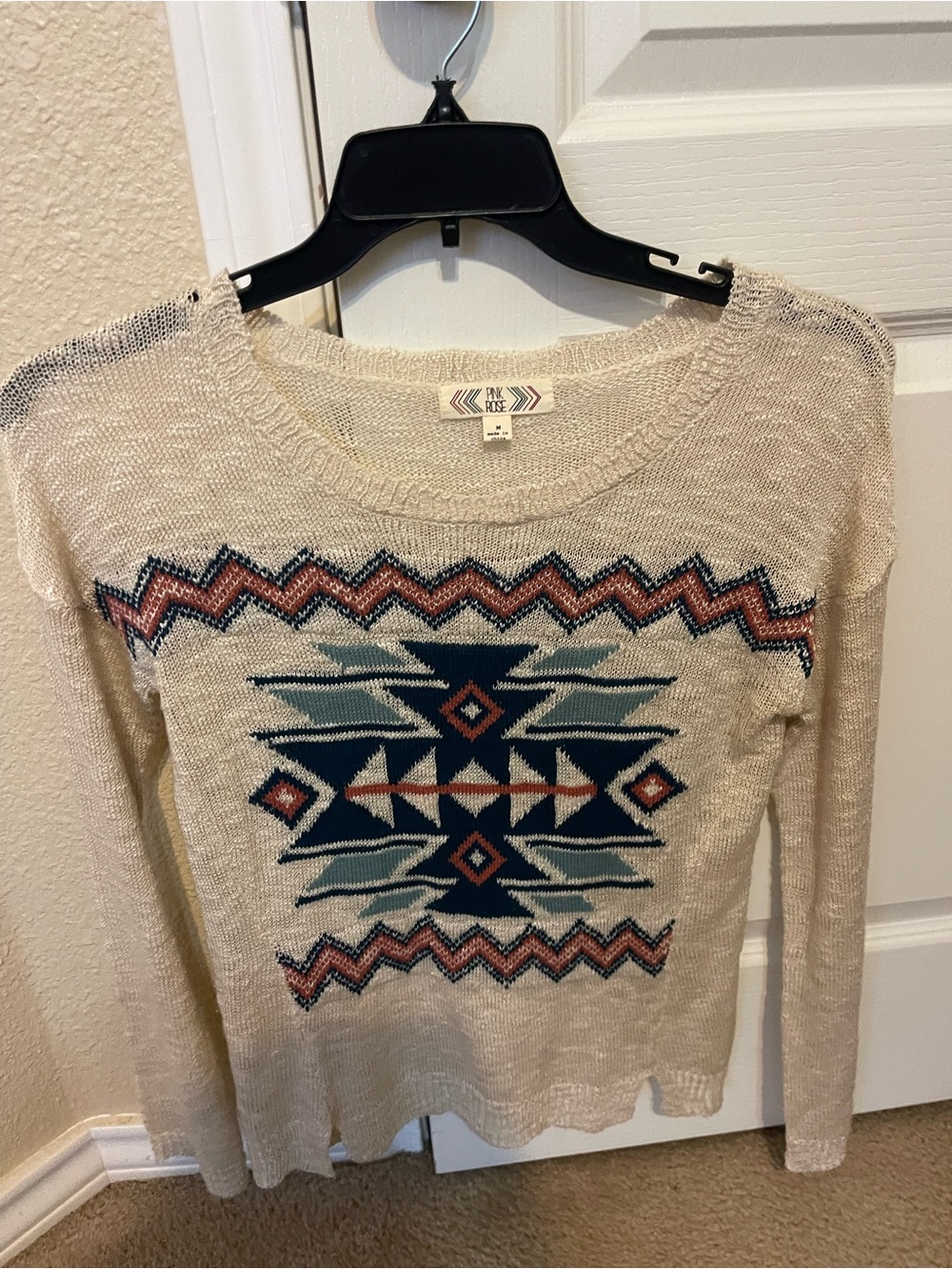 Pink Rose Cream Sweater with Navy and Rust Aztec Motif